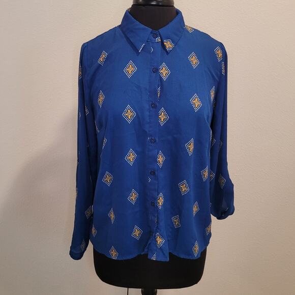 Knapp Studio Women’s PL Blue Medallion Abstract Button-Up Blouse GUC - Picture 1 of 9